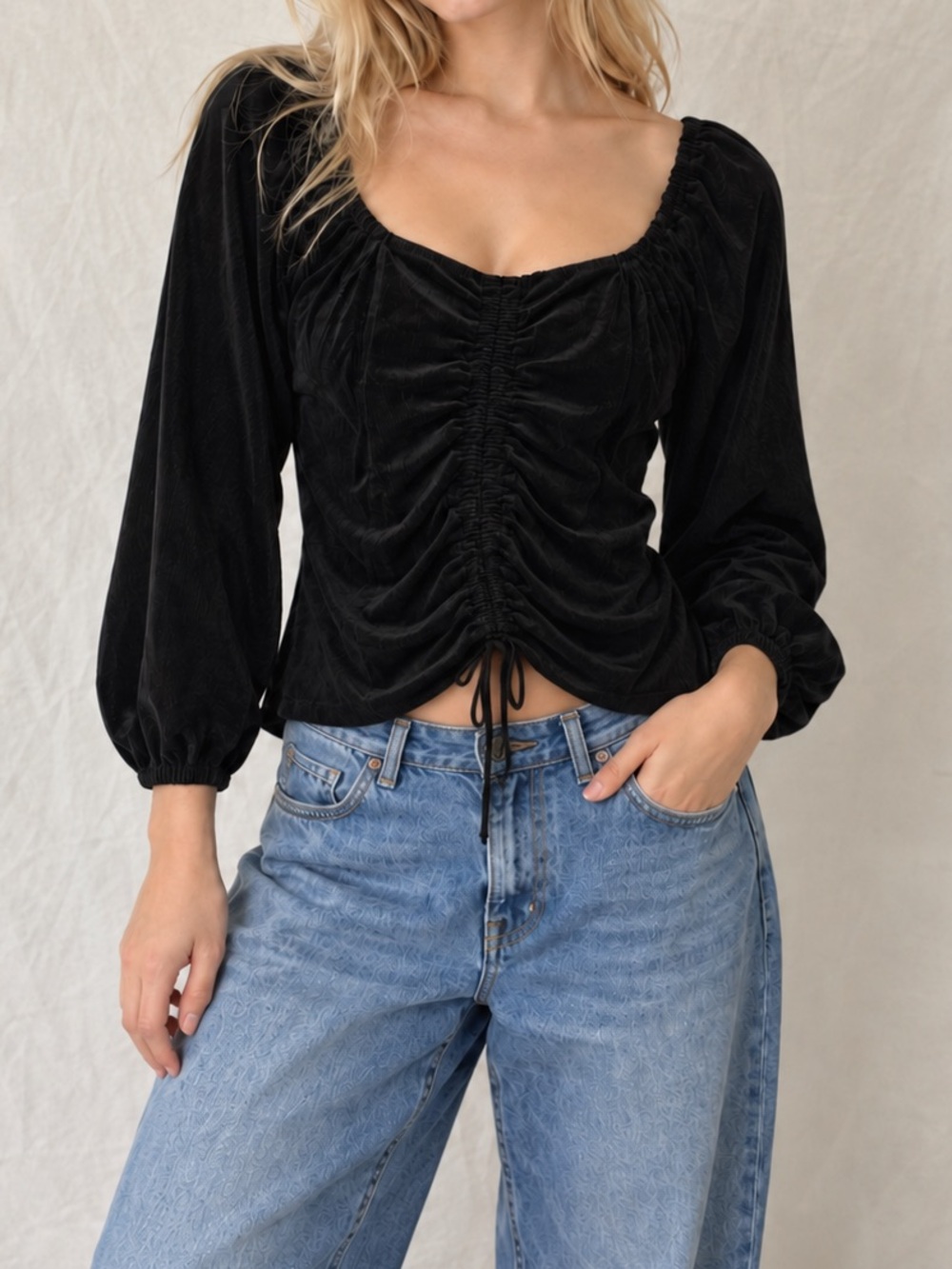 Vintage Cato Black Velvet Ribbed Ruched Tie Front Top Size L